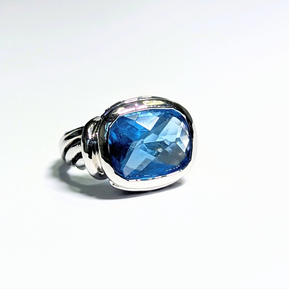 Sea Blue Topaz CZ Statement Ring | Twisted Rope Silver Band | Size 7 Boho Y2K